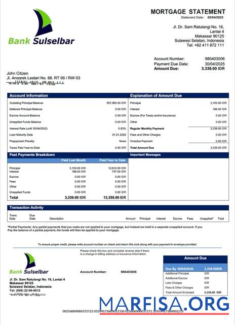 Blank Indonesia Bank Sulselbar mortgage statement Word and PDF template
